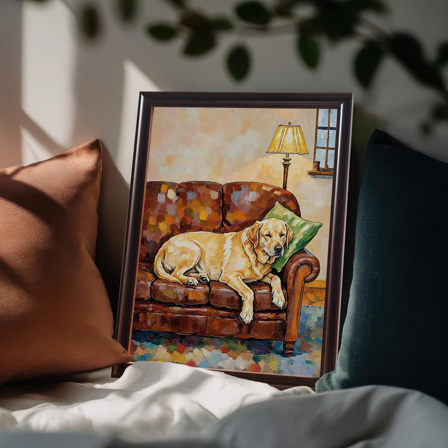 A framed painting of a yellow labrador retriever dog resting on a brown leather couch. The painting, in a dark brown frame, is propped up on a bed with pillows.