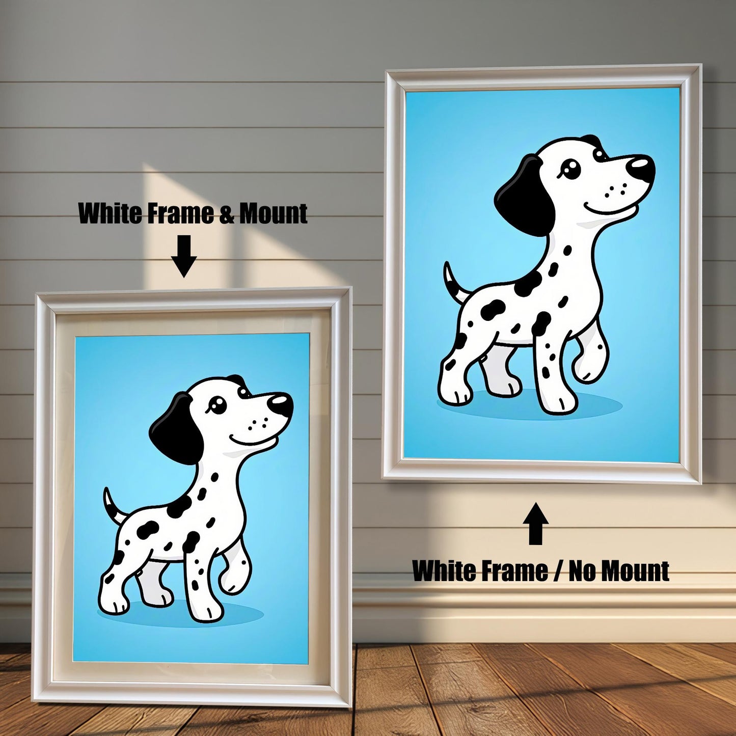 A comparison of two framed prints of the cartoon Dalmatian. One has a white frame with a mount (mat), and the other has a white frame with no mount.