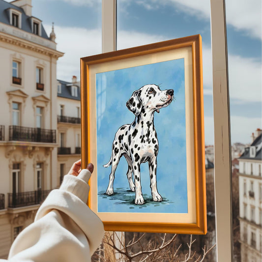 A person holds a framed art print of a Dalmatian up to a window with a view of European-style buildings and a blue sky.