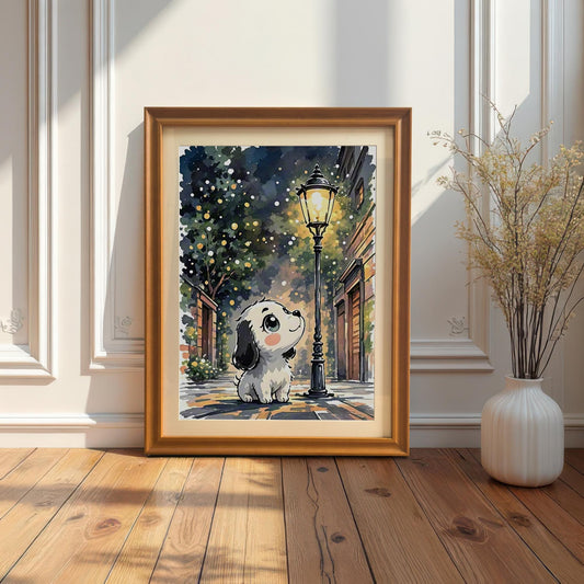Puppy Watercolor Print in Wood Frame: Whimsical Nursery Wall Art