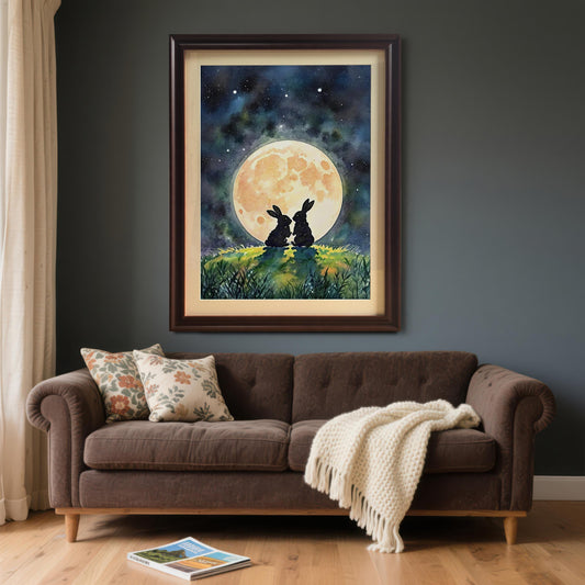 A framed watercolor print of two rabbits silhouetted against a full moon and starry sky, hanging above a brown sofa.