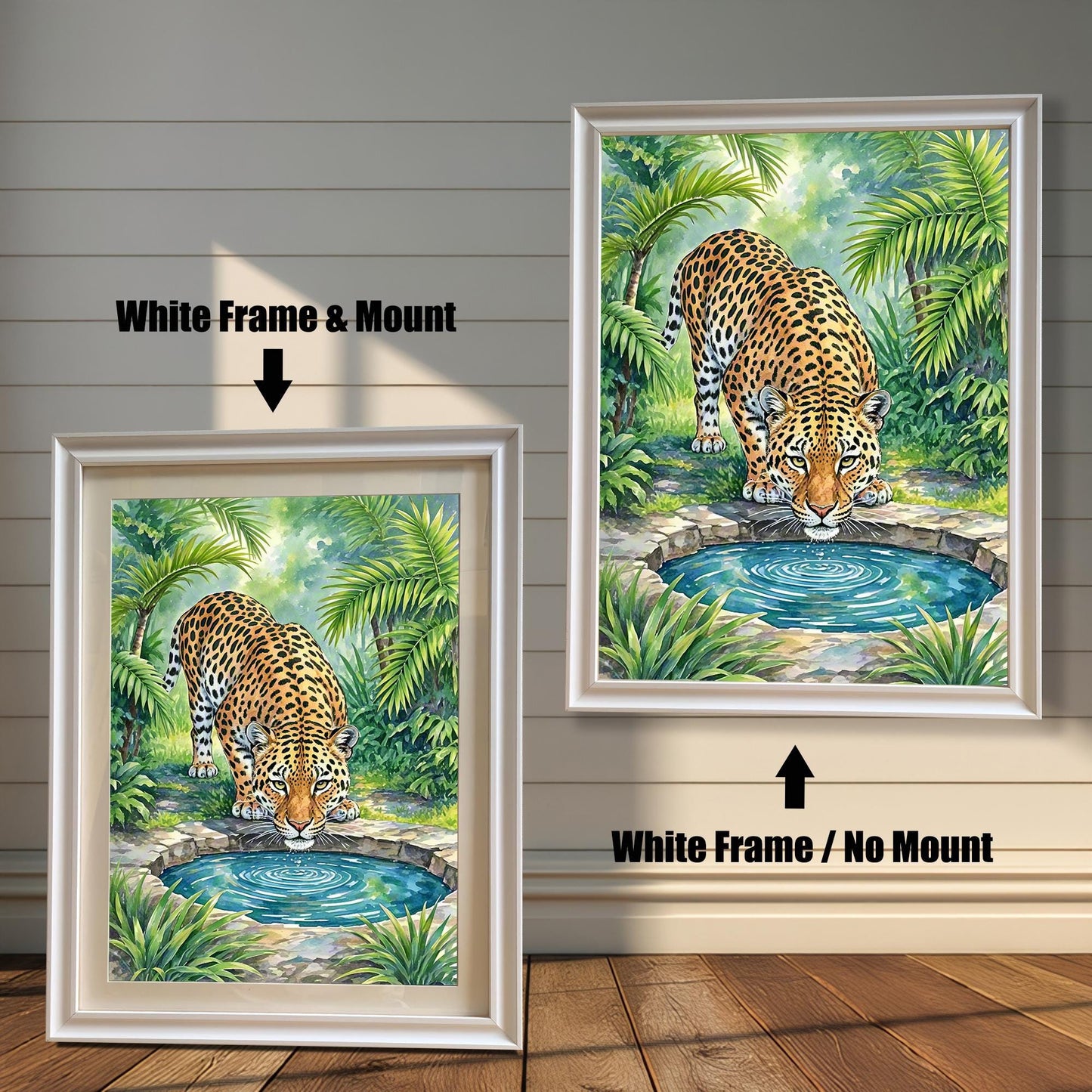 Two framed paintings of a leopard drinking from a pool. The left one has a white frame with a mount, and the right one has a white frame with no mount.
