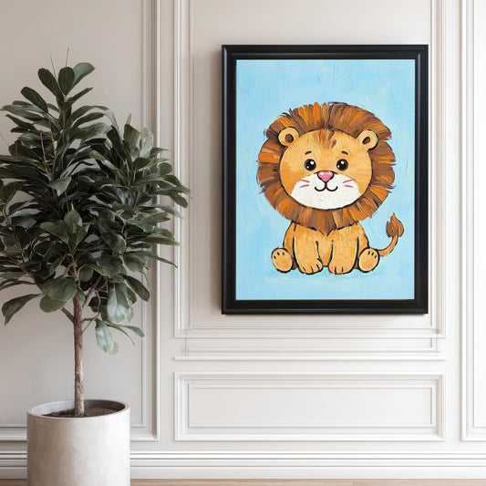 A black-framed painting of a cute cartoon lion hangs on a white paneled wall next to a large potted ficus plant.