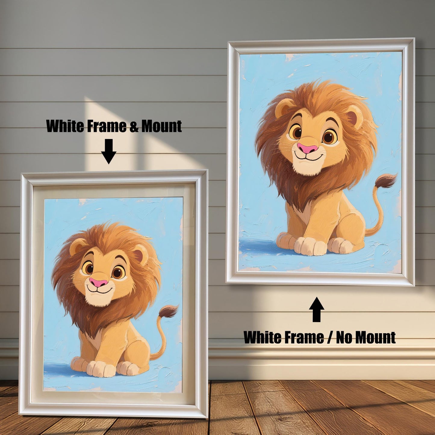 A side-by-side comparison of two framed prints of a baby lion. Both prints have a white frame, but one includes a mount, while the other does not.