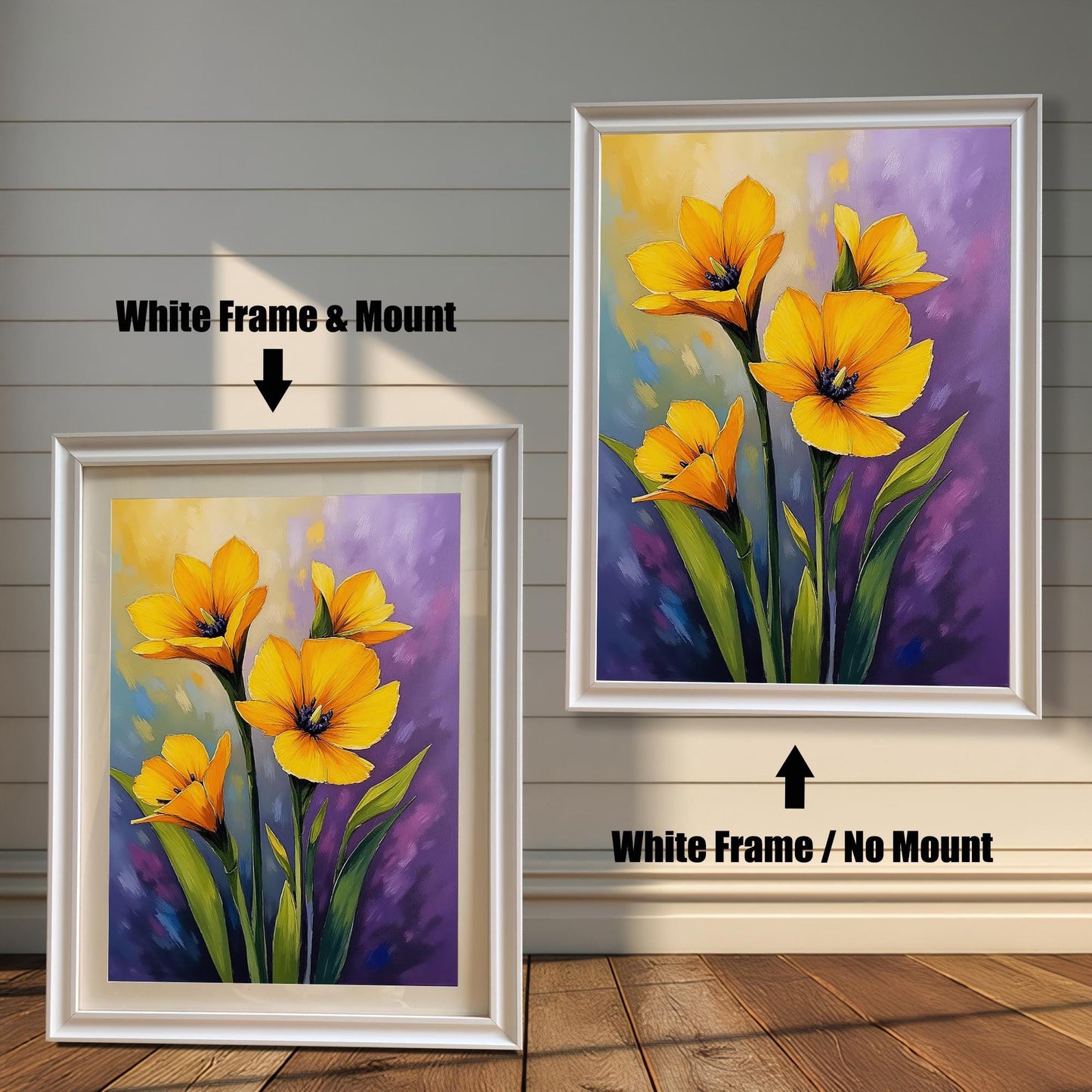 A side-by-side comparison of a floral print. On the left, the print is in a white frame with a mount. On the right, it's in a white frame without a mount.