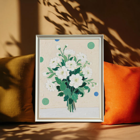 A white-framed painting of a bouquet of white flowers leaning against a pair of yellow and orange pillows. Shadows from a plant are cast on the wall and pillows.