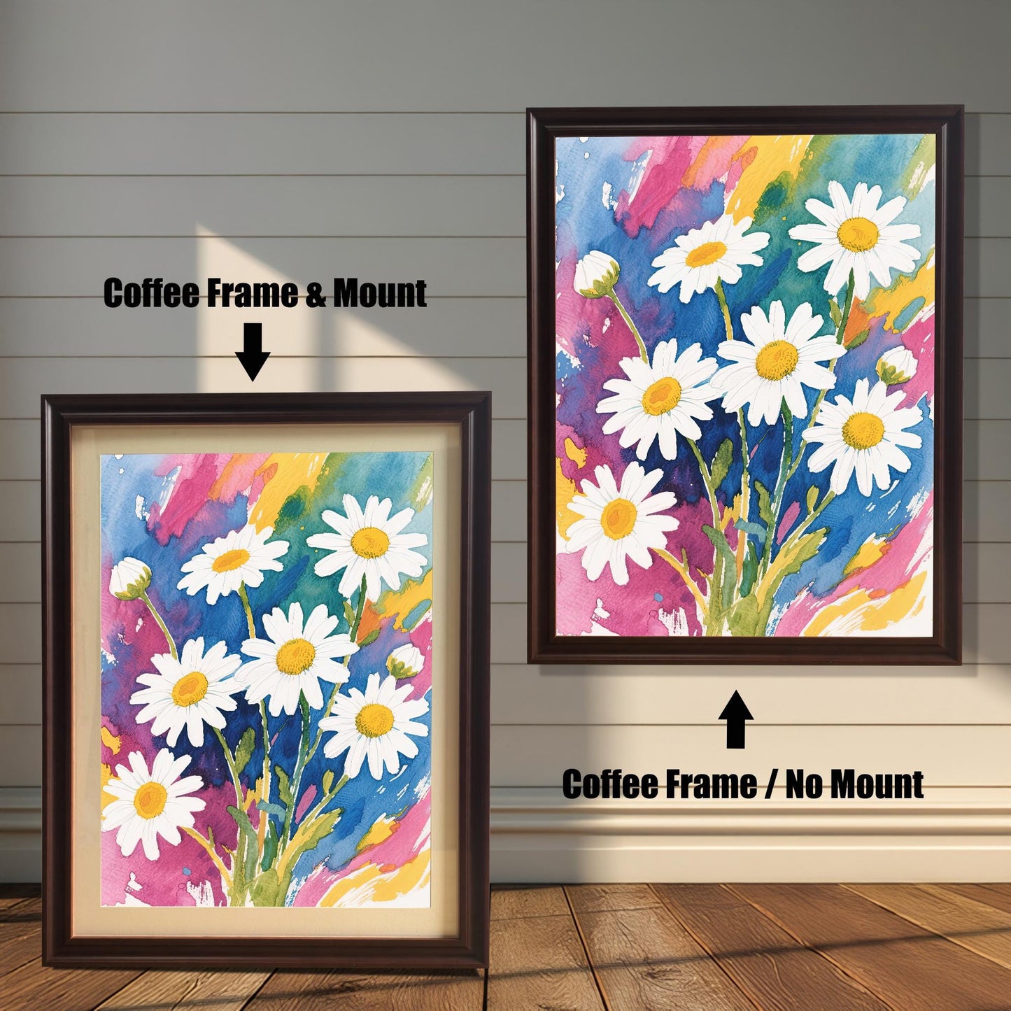 A side-by-side comparison of two framed daisy prints. The one on the left has a coffee-colored frame and a cream-colored mat. The one on the right has a coffee-colored frame with no mat.