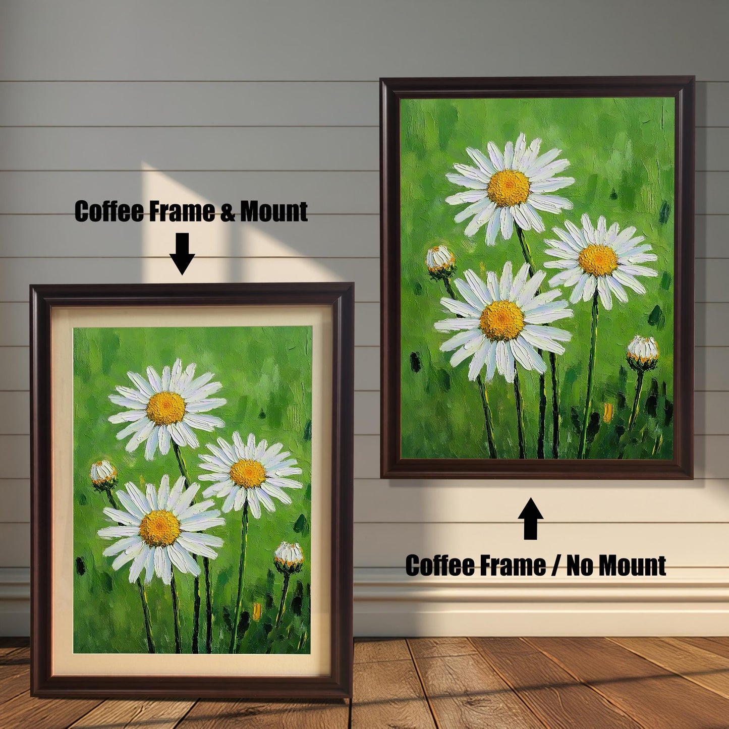 A side-by-side comparison of two framed daisy prints. The one on the left has a coffee-colored frame and a cream-colored mat. The one on the right has a coffee-colored frame with no mat.
