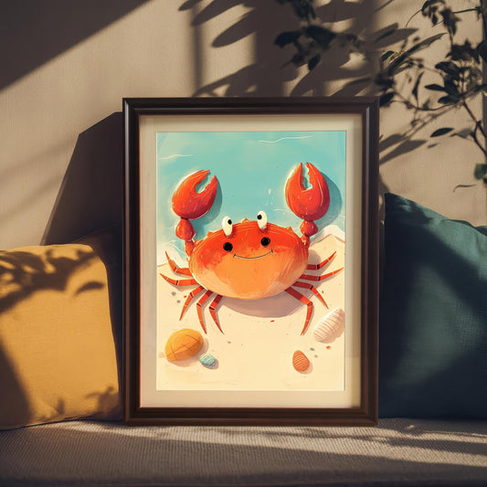 A lifestyle photo of the framed crab art print. The print, in a dark wood "Coffee" frame, is propped on a couch between a yellow and a teal pillow, with shadows from a plant adding to the cozy, indoor atmosphere. The art shows a cheerful orange crab on the sand with a blue ocean background.