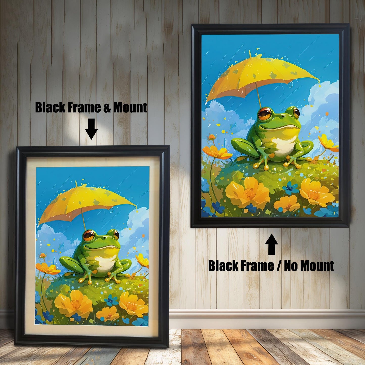 Two black-framed art prints of a cute frog with a yellow umbrella. The print on the left includes a white mat (mount) for a professional look, while the print on the right is a simple full-frame version. Both pieces are leaning against a white wood paneled wall.