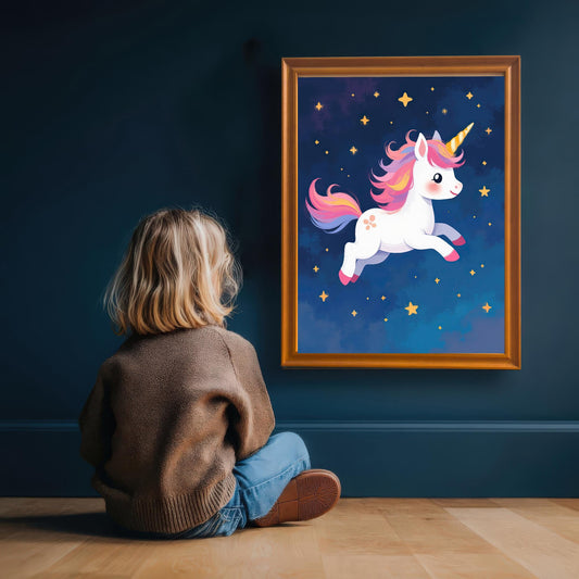 A small child with blonde hair wearing a brown sweater and jeans is sitting on a wood floor, looking at a magical unicorn print in an orange wood frame hanging on a dark blue wall.
