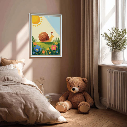 A white-framed art print of a cheerful snail in a sunny flower field, hanging on a beige wall in a child's bedroom. A large teddy bear sits on the floor below the print.