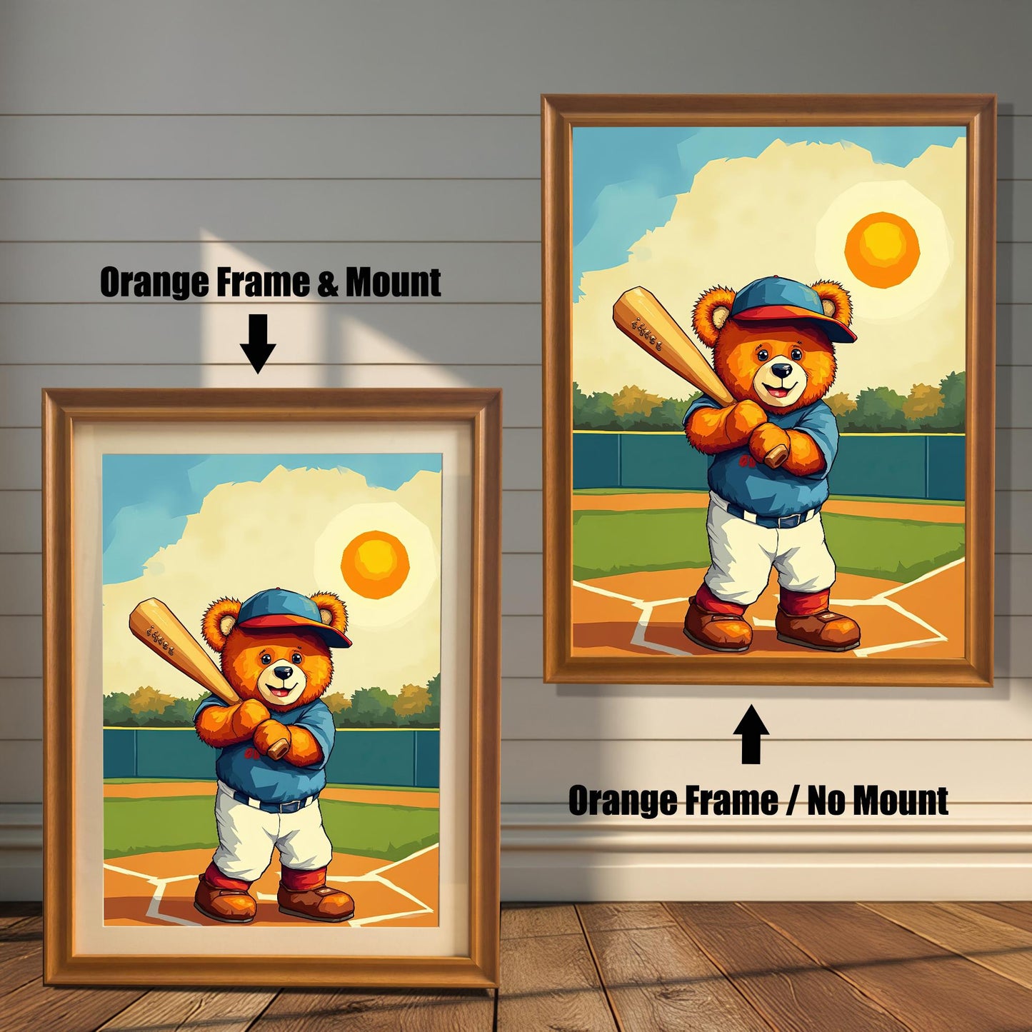 A pair of art prints showing a teddy bear baseball player. The left print is in an **orange wood frame with a mount**, and the right print is in an **orange wood frame without a mount**. The prints are against a rustic wood wall.