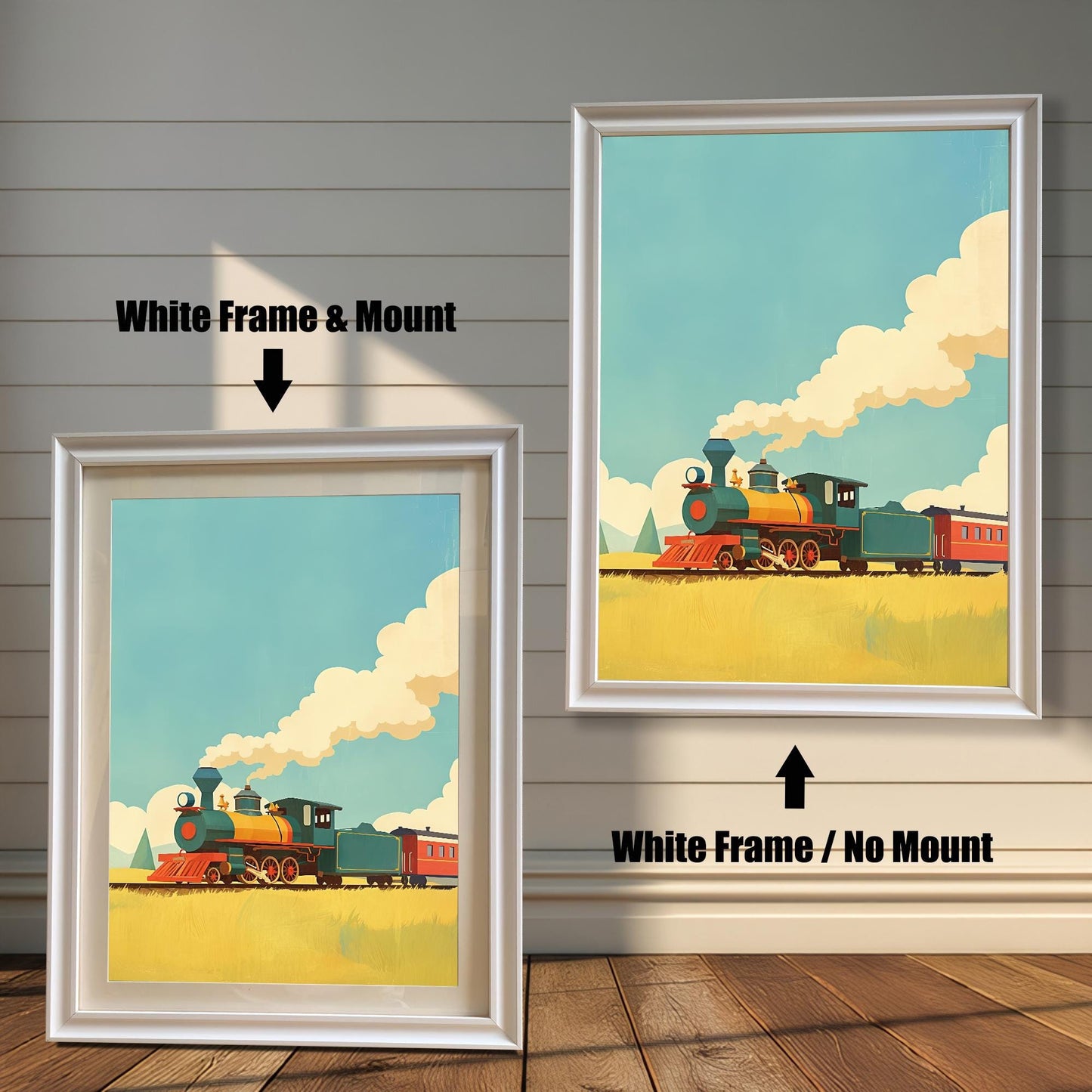 A pair of art prints featuring a colorful train illustration. The print on the left is in a **white wood frame with a mount**, and the print on the right is in a **white wood frame without a mount**. The images are shown against a light wood wall.