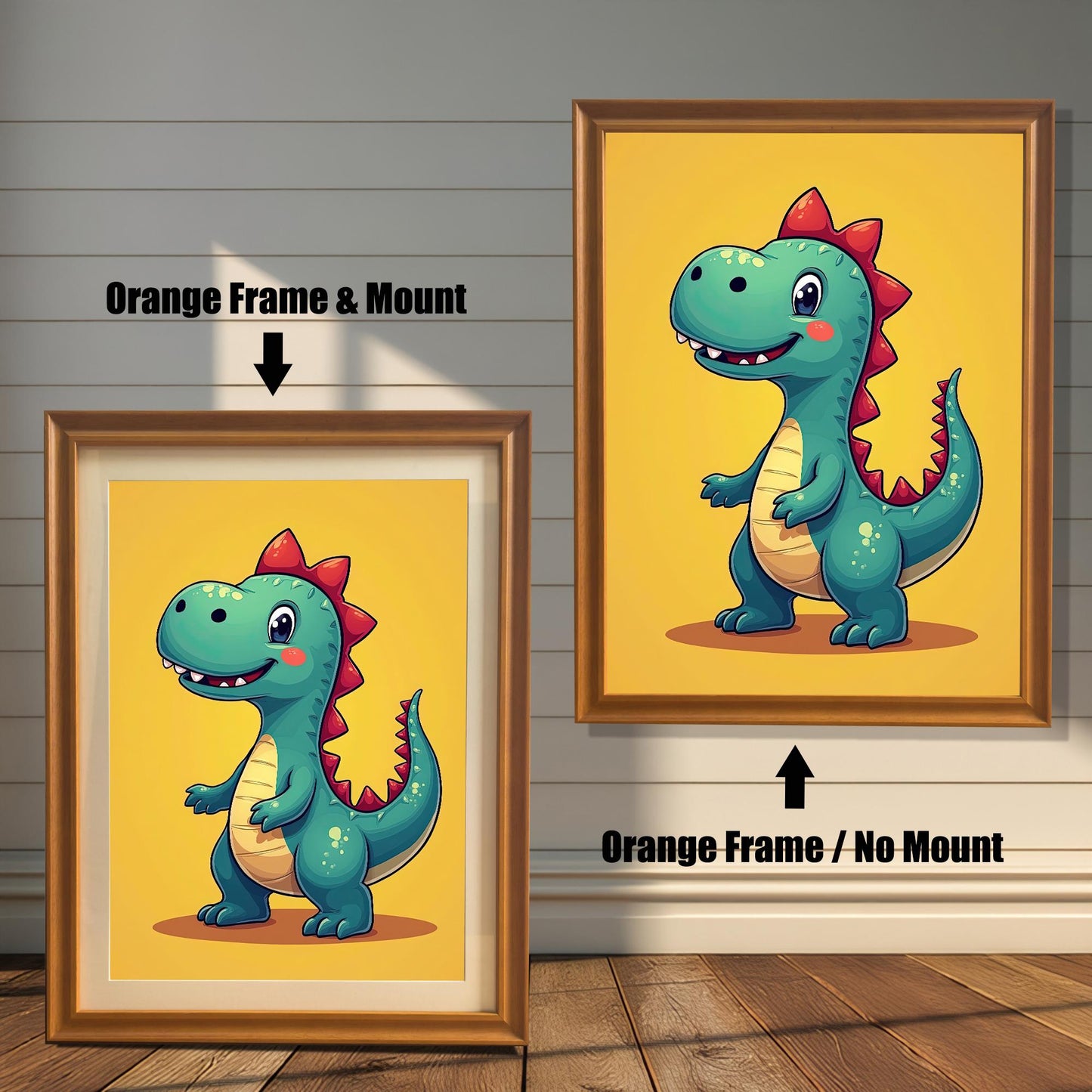 Two framed prints of a dinosaur. The one on the left has an orange frame with a mount, and the one on the right has the same frame but no mount. The text "Orange Frame & Mount" and "Orange Frame / No Mount" is clearly labeled.