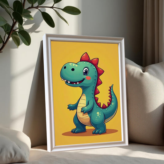 A framed art print of a smiling green dinosaur with red spikes is propped up on a couch. The print has a clean white frame, and a houseplant casts a shadow over it, creating a cozy and inviting scene.