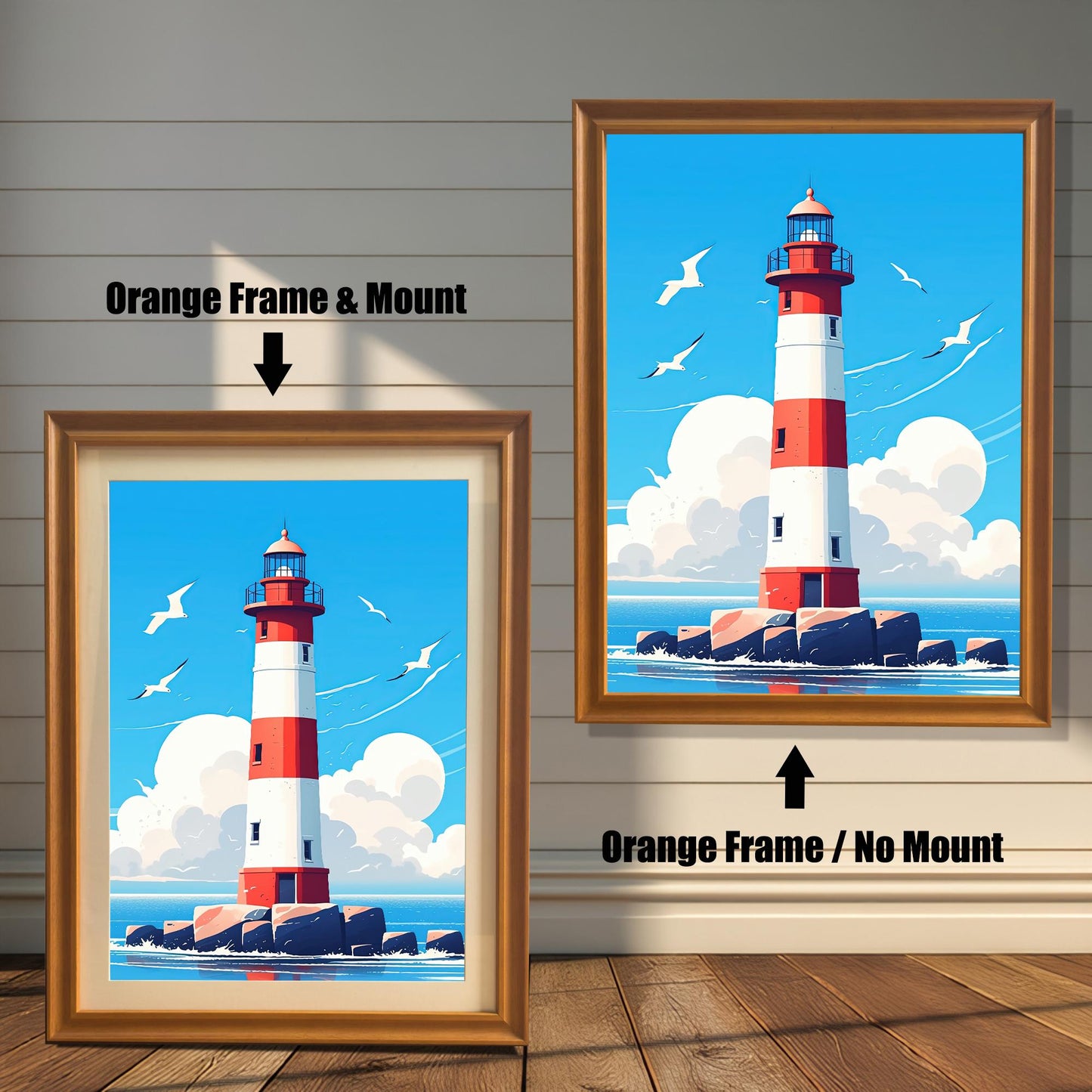Two framed prints of a red and white lighthouse on a white wood-paneled wall. The one on the left has an orange frame with a mount. The one on the right has an orange frame with no mount.