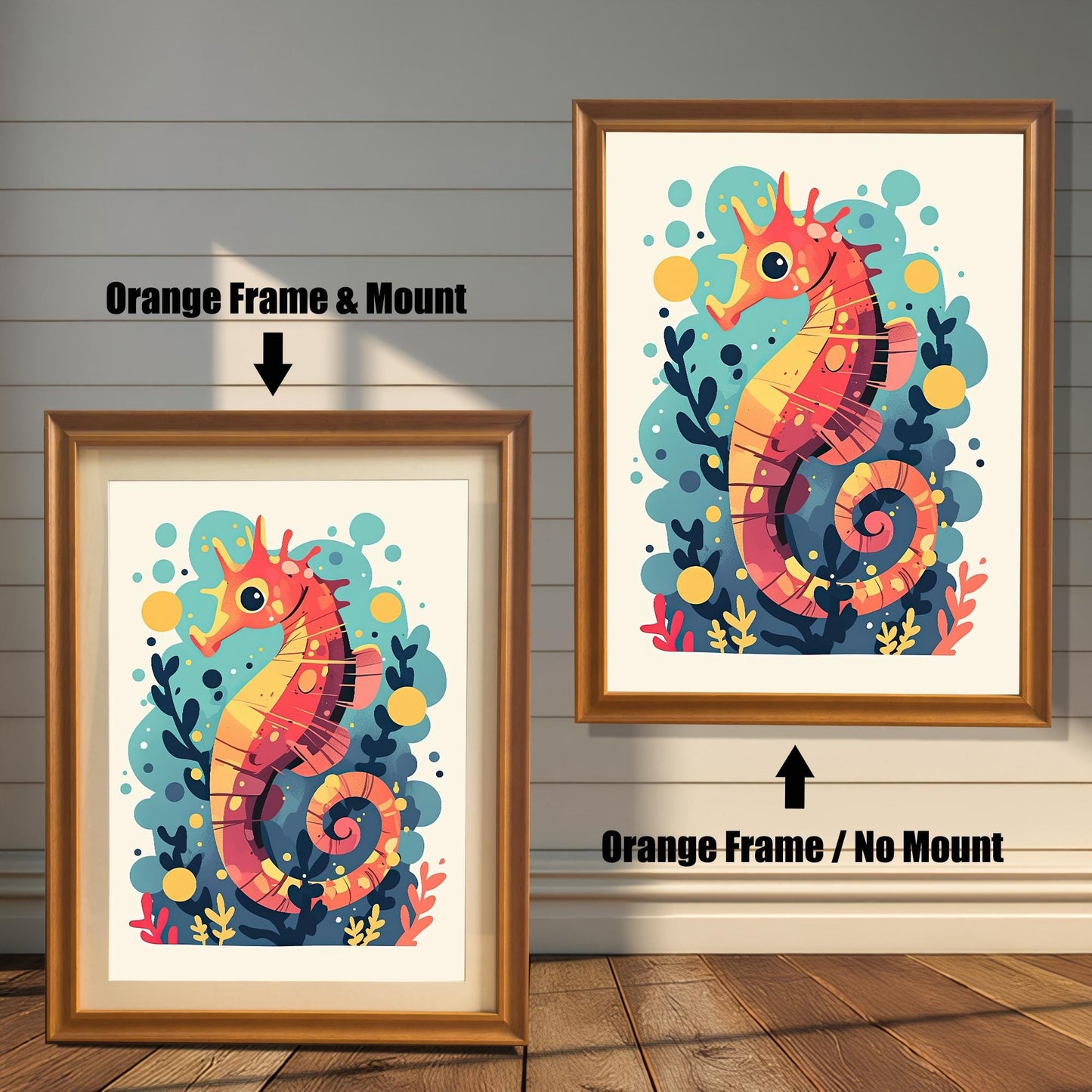 Two framed prints of a seahorse on a white wood-paneled wall. The one on the left has an orange frame with a mount. The one on the right has an orange frame with no mount.