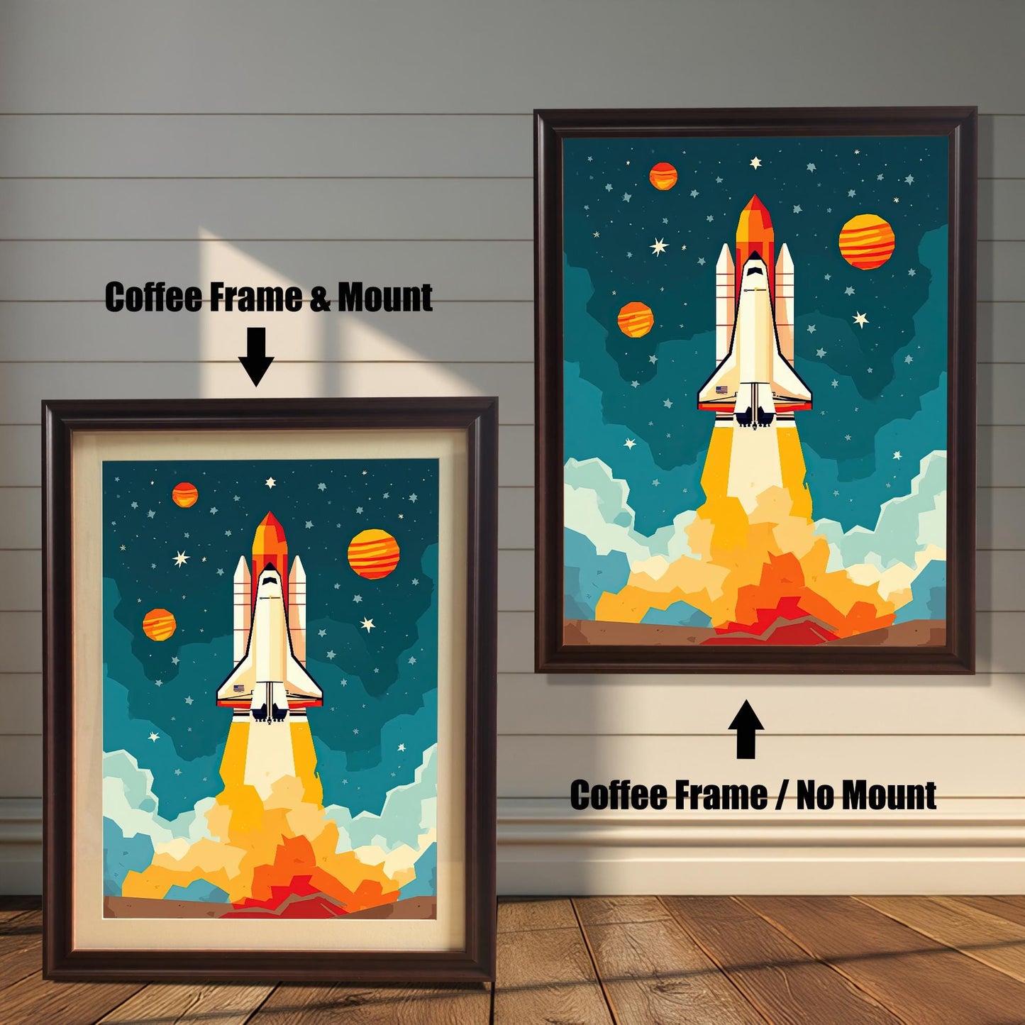 Two framed rocket ship prints. The one on the left has a coffee-colored frame with a white mount, and the one on the right has a coffee-colored frame without a mount.