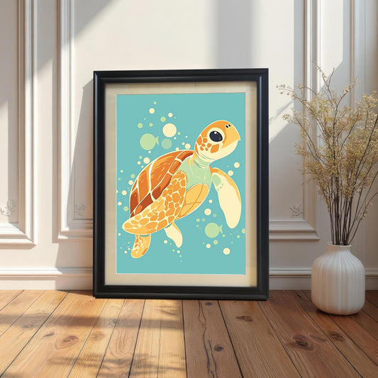 A black-framed print of a sea turtle is leaning against a white wall next to a vase with dried flowers.