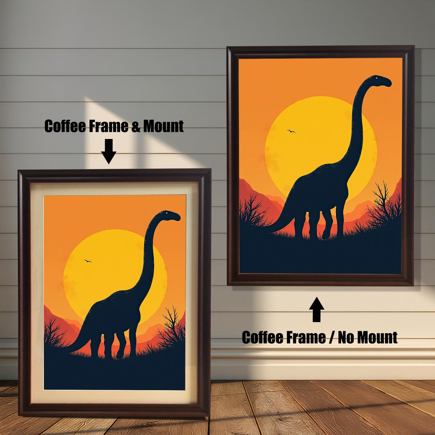 Two framed dinosaur prints. The one on the left has a coffee-colored frame with a white mount, and the one on the right has a coffee-colored frame without a mount.
