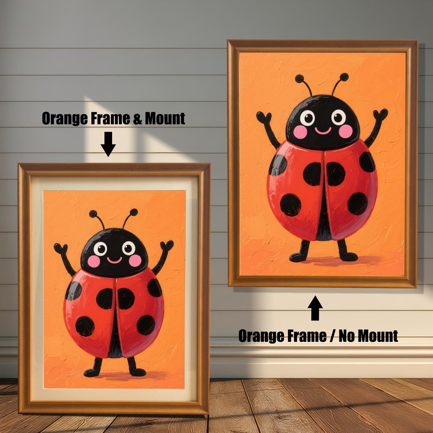A comparison of two orange-framed wall art prints featuring a cute ladybug. The print on the left is framed with a white mat, while the one on the right is framed without a mat. The image is shown on a light wood wall.