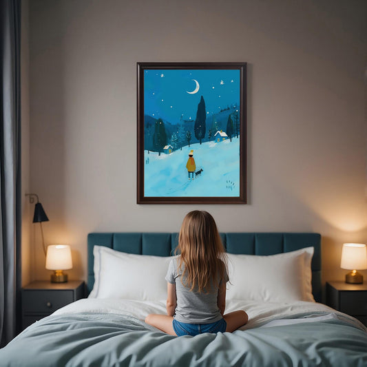 A coffee-colored-framed wall art print of a person and their dog walking through a snowy, moonlit forest landscape. A child with their back to the camera is sitting on a bed and looking at the art.