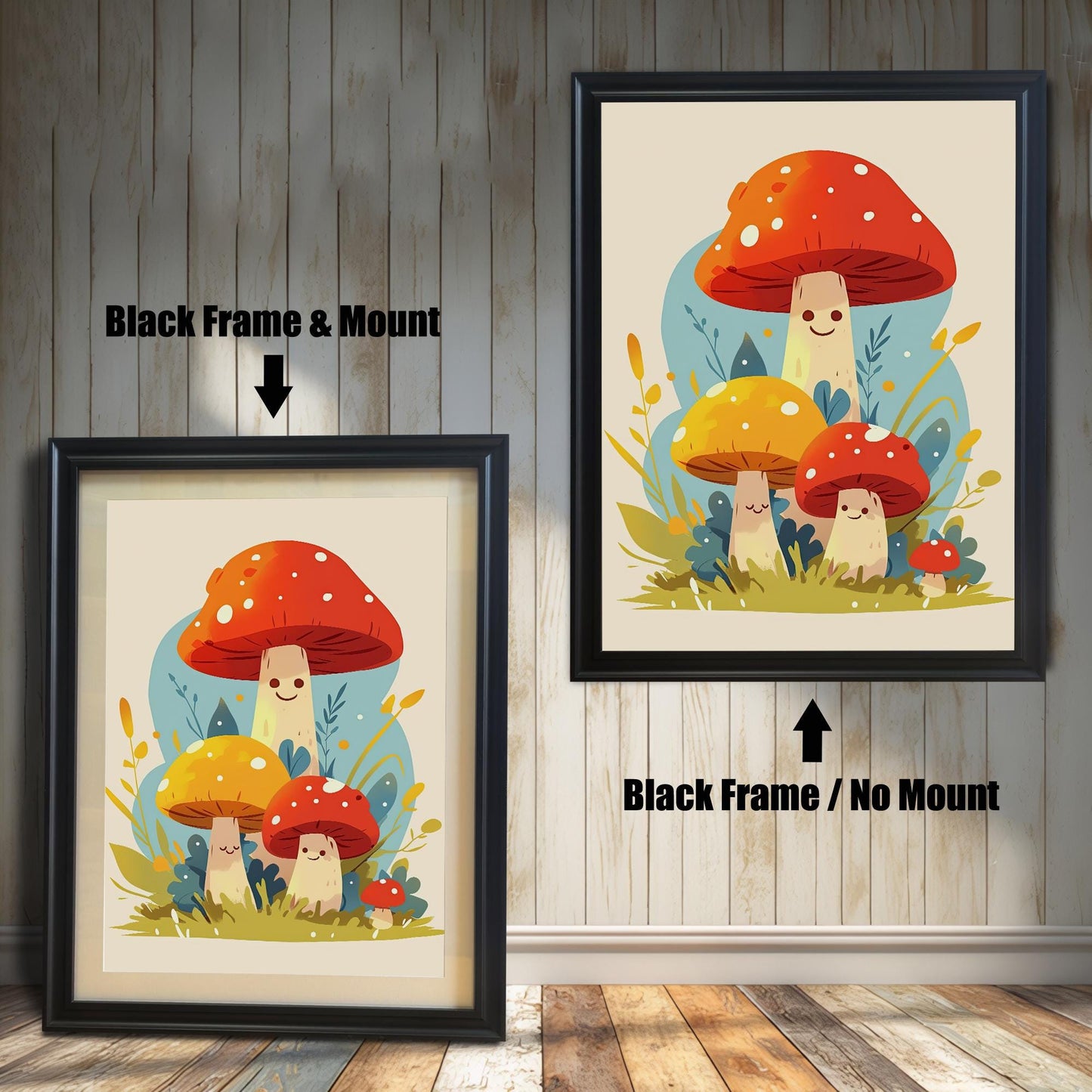 Two framed prints featuring cartoon mushrooms. The print on the left has a wide black frame and a mat; the one on the right has a black frame without a mat.