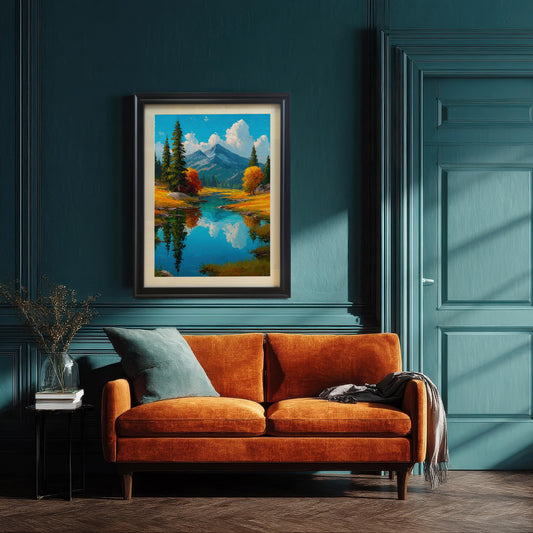 A framed art print hangs on a dark teal wall above an orange couch. The print shows a tranquil landscape with a lake, mountains, and trees.