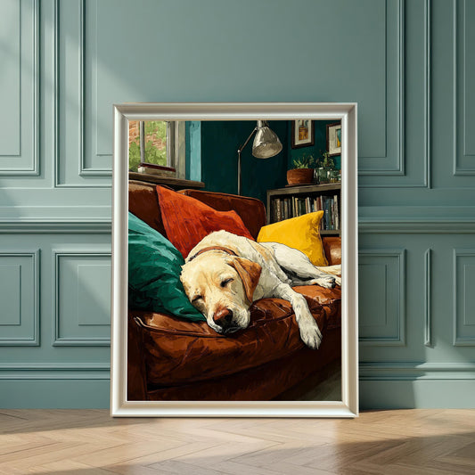A white-framed art print of a sleeping dog on a couch leans against a blue paneled wall.