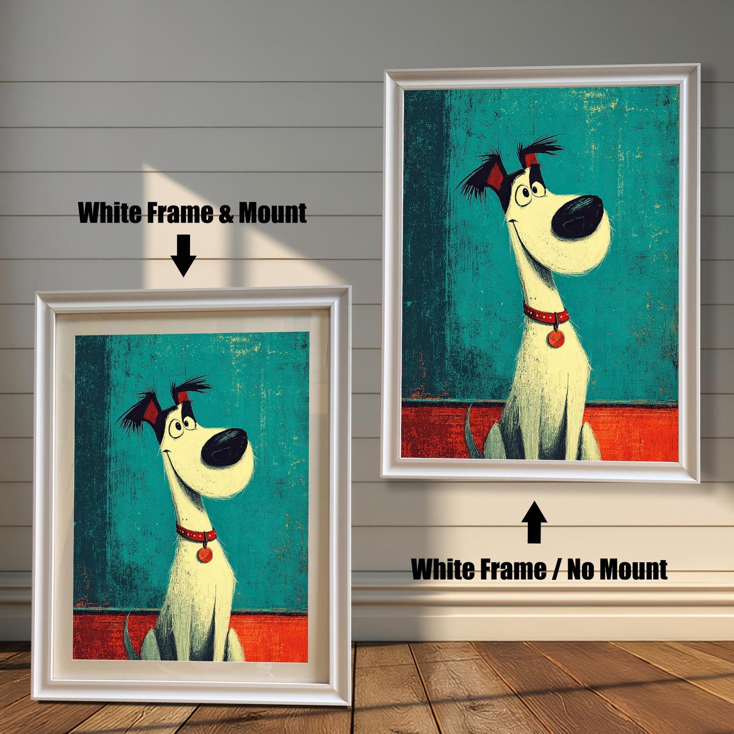 A pair of white-framed dog prints. The one on the left has a white matting, while the one on the right has no matting.