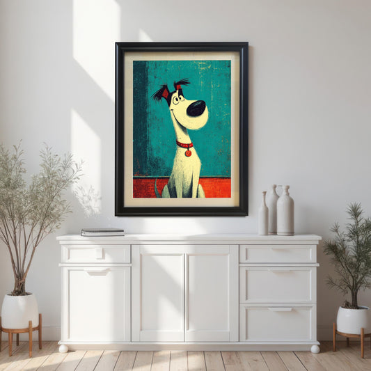 A black-framed art print of a dog hangs on a white wall above a white console table with two potted plants.