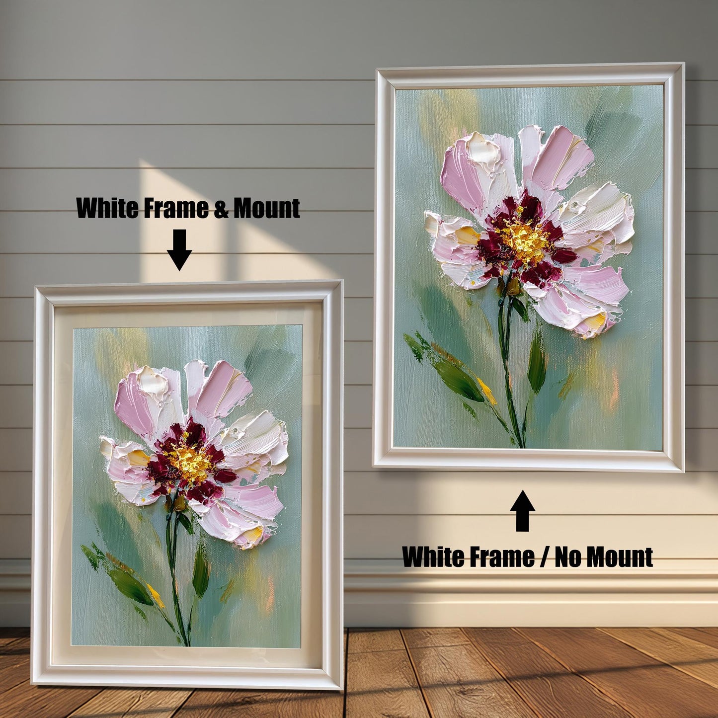 A two-panel image shows the same floral art in a white frame. The left panel shows the art with a white mat ("mount"), and the right panel shows it without a mat.