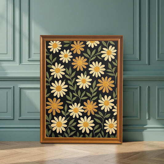 A framed art print of yellow flowers on a dark background, with a warm, natural wood frame, leaning against a teal wainscoting wall.