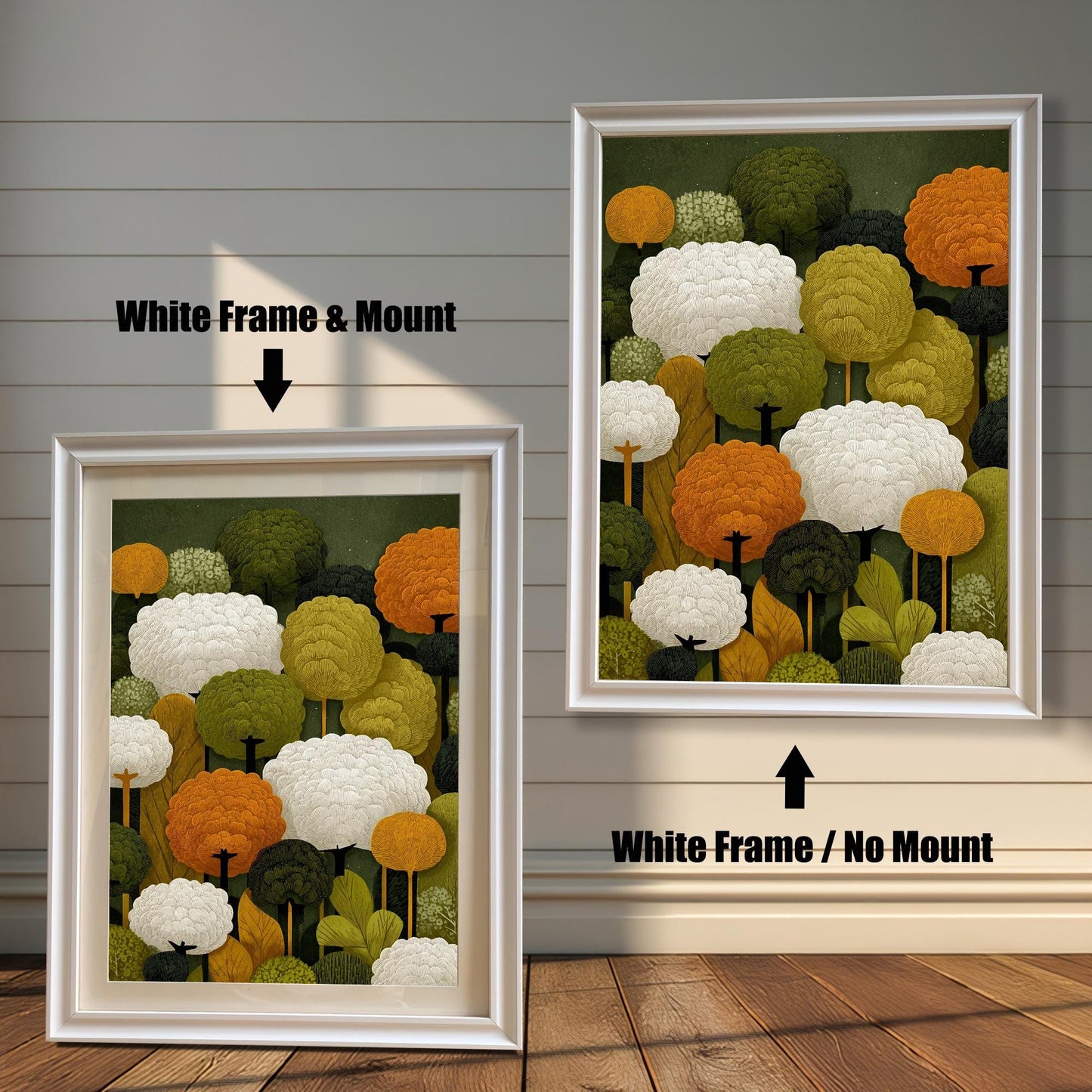 Two art prints of abstract trees. The one on the left has a white frame with a white mat. The one on the right has a white frame with no mat.