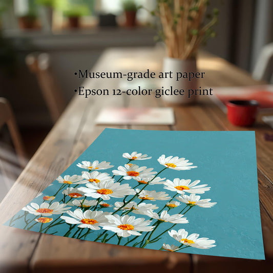 A close-up, angled view of a paper art print featuring white daisies on a teal background. Text highlights "Museum-grade art paper" and "Epson 12-color giclee print."