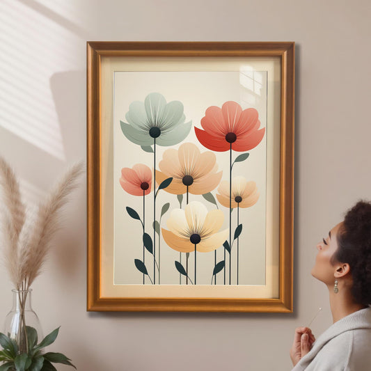 A woman looks up at an orange-colored, framed art print of abstract flowers hanging on a light beige wall.
