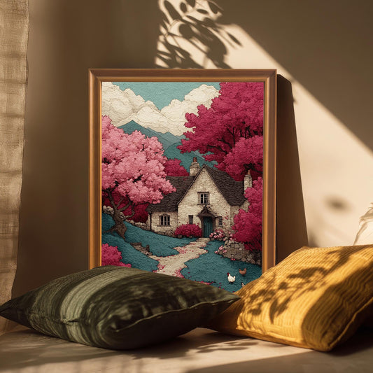 A framed art print of a cottage and pink trees. The print is leaning against a wall, propped up by two pillows, with a window's shadow casting a pattern across it.