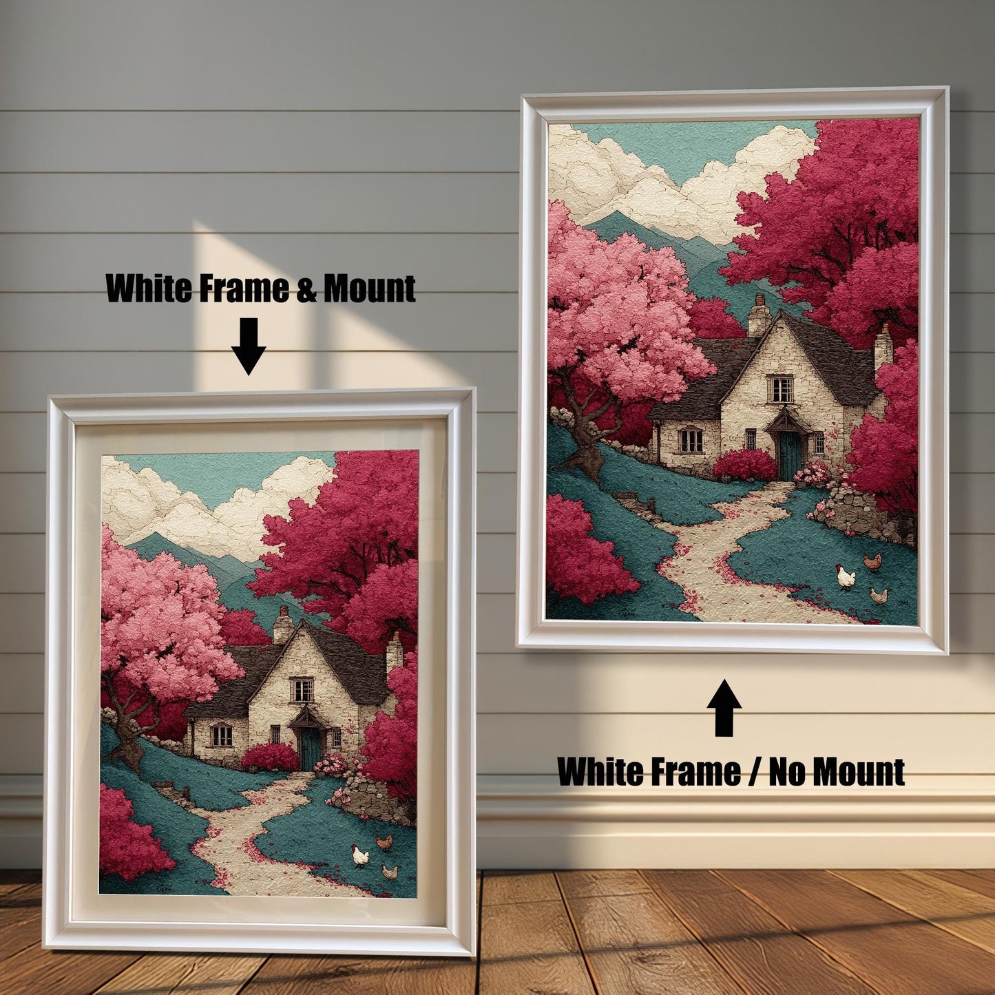 A side-by-side comparison of a cottage art print in a white frame. The print on the left includes a white mat ("mount"), while the one on the right does not.