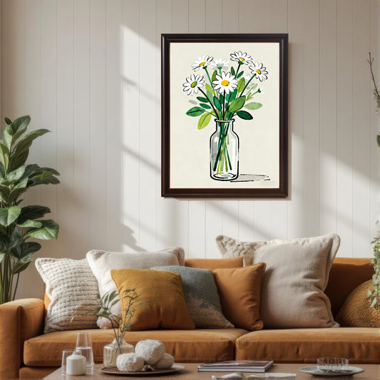 A framed art print featuring a vase of daisies in a coffee-colored frame, hanging above a brown sofa with pillows, demonstrating how the art looks in a home setting.