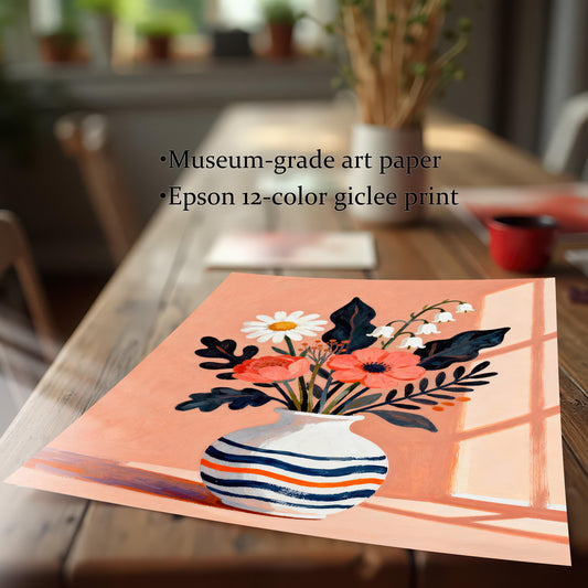 A close-up shot of the floral art print lying on a wooden table, with text indicating it's a "museum-grade art paper" and an "Epson 12-color giclee print."