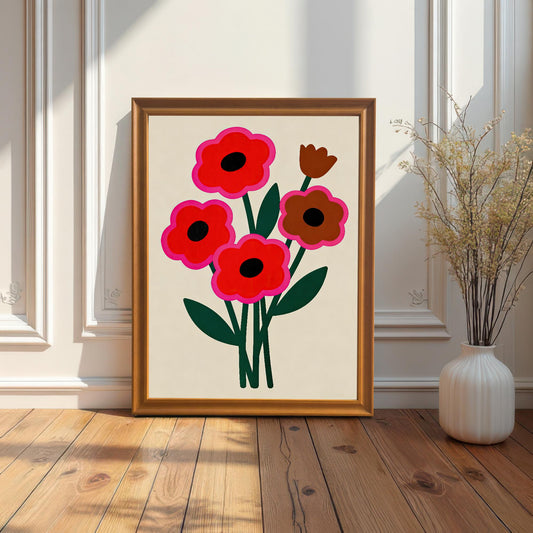A framed abstract floral painting with red and brown flowers stands on a light wood floor, leaning against a white wainscoting wall with a white vase nearby.