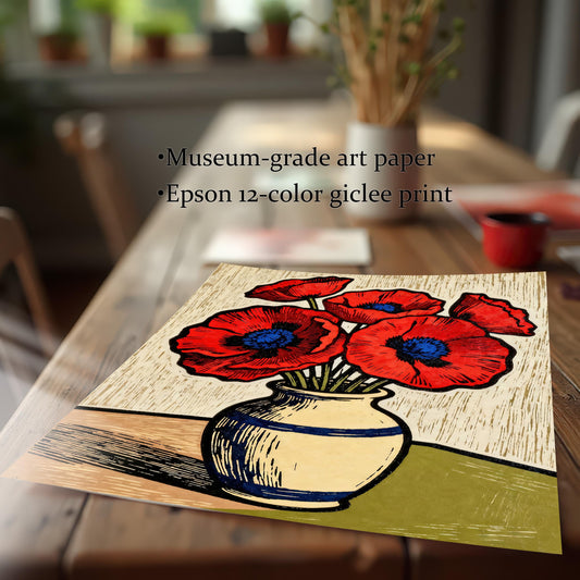 A close-up shot of a paper art print of a vase of red poppies lying on a wooden table. Text states the print is on museum-grade art paper using an Epson 12-color giclee process.