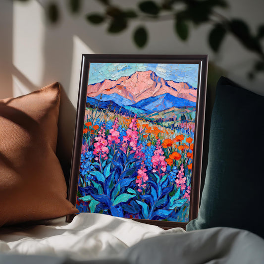 A framed, textured oil painting of a field of wildflowers and a pink mountain. The frame is propped on a couch with two pillows under soft shadows.