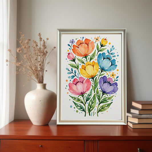 A vibrant floral print in a white frame sits on a dark wood dresser next to a vase with dried flowers and a stack of books.
