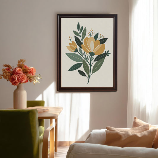 A framed floral art print hangs on a wall in a sunlit dining area, with a vase of flowers on a table below it.