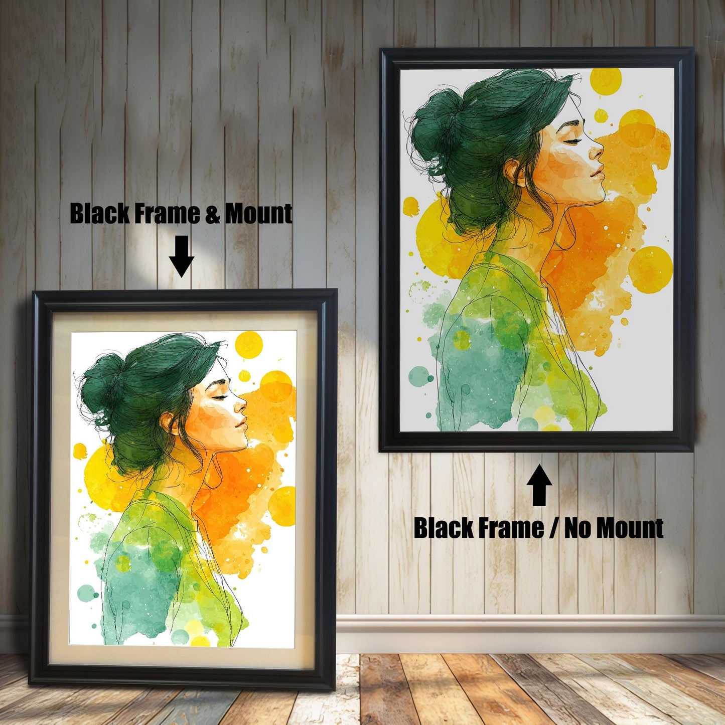 A comparison of two watercolor prints of a woman. Both prints are in a black frame. The one on the left has a mount, and the one on the right does not.