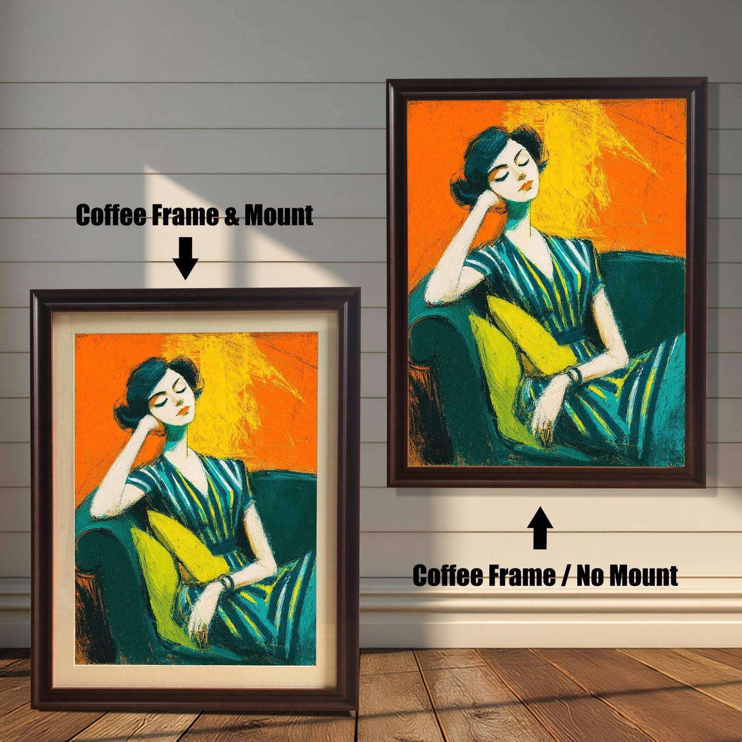 A side-by-side comparison of two framed art prints of a seated woman. Both are in a coffee-colored frame, with one featuring a mount and the other without.