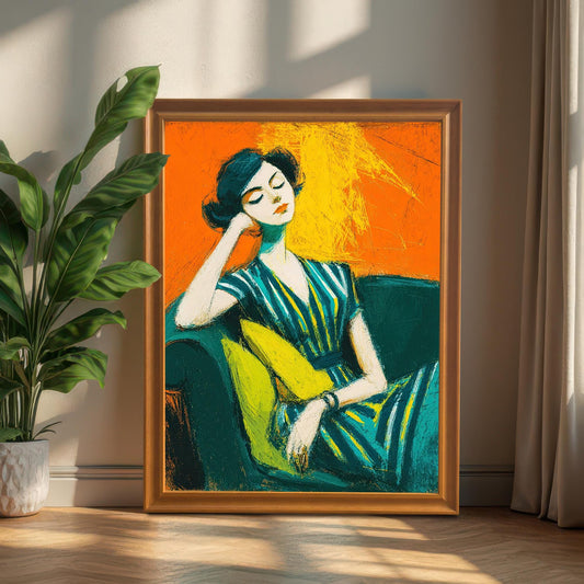 An orange-framed print of a seated woman, propped on a light wood floor against a white wall. A large houseplant is in the foreground, and curtains hang to the right.