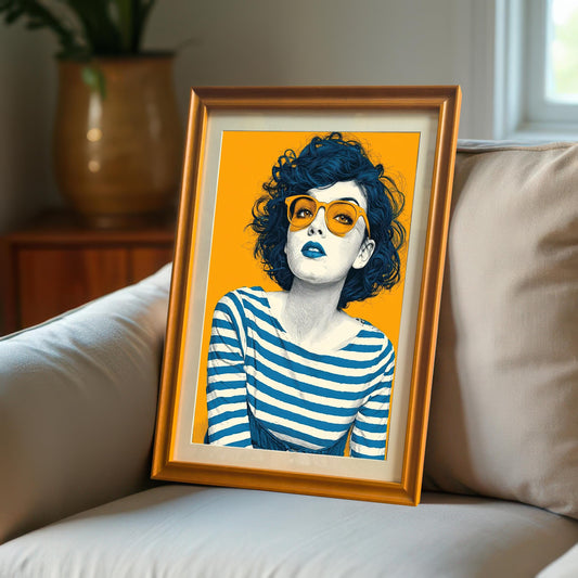 An orange-framed print of a woman with dark blue hair and orange glasses. The print is propped on a white sofa with pillows in a sunlit room.